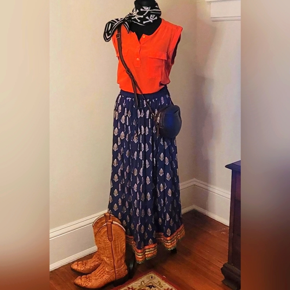 Hippie Maxi Skirt From India-Gold, Blue, Bells, Embellished Hem. Large
